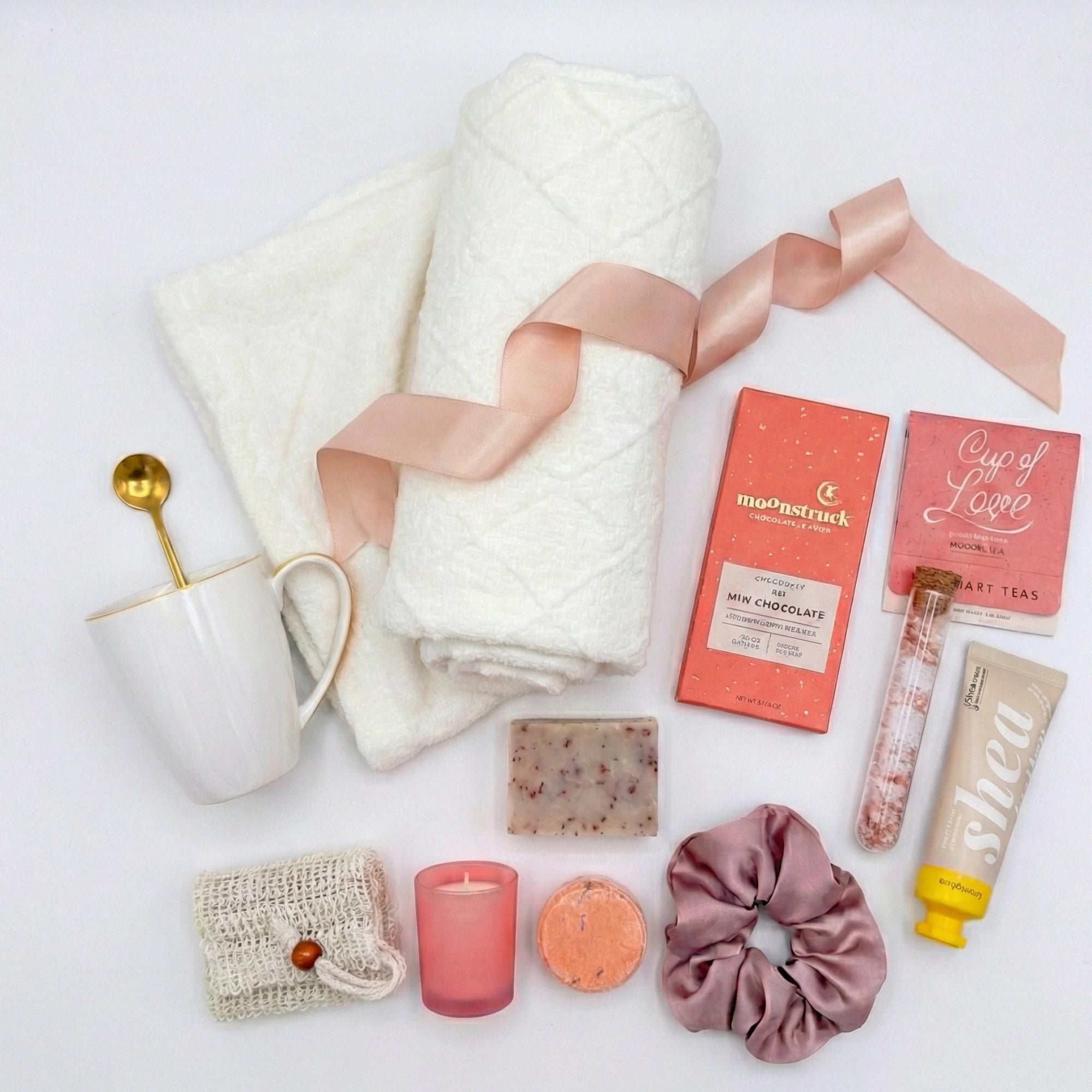 Top down flat lay view of Beautifully Unique box items including pink candle, bath salt and chocolate