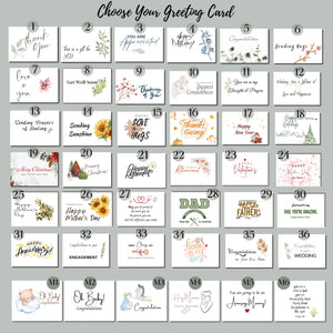 Custom greeting card selection options for Beautifully Unique gift orders from Arinna Gifts Dallas