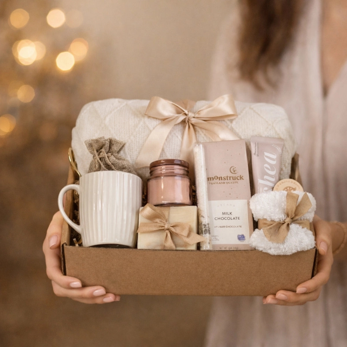 Person holding a gift basket with a mug, candles, and other items against a warm, blurred background, Arinna Gifts