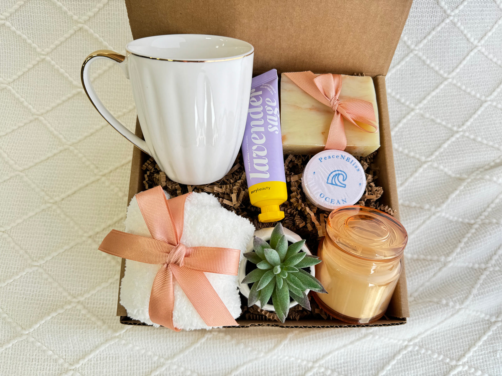 Bliss Box gift with mug, candle, soap, and cozy details
