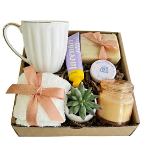 Bliss Box relaxation gift basket with lavender cream, mug and succulent by Arinna Gifts in Dallas