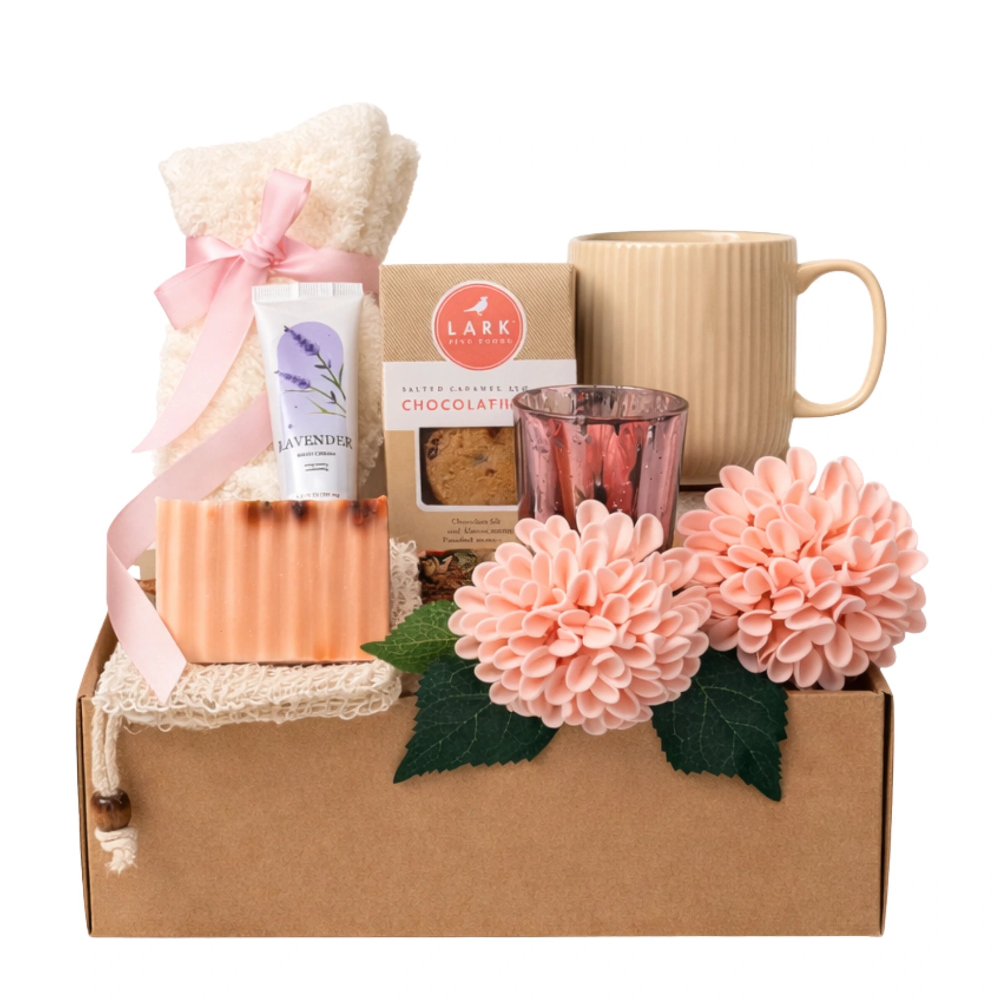 Blush and Bloom gift box for women with mug, chocolate chip cookie and spa self care items