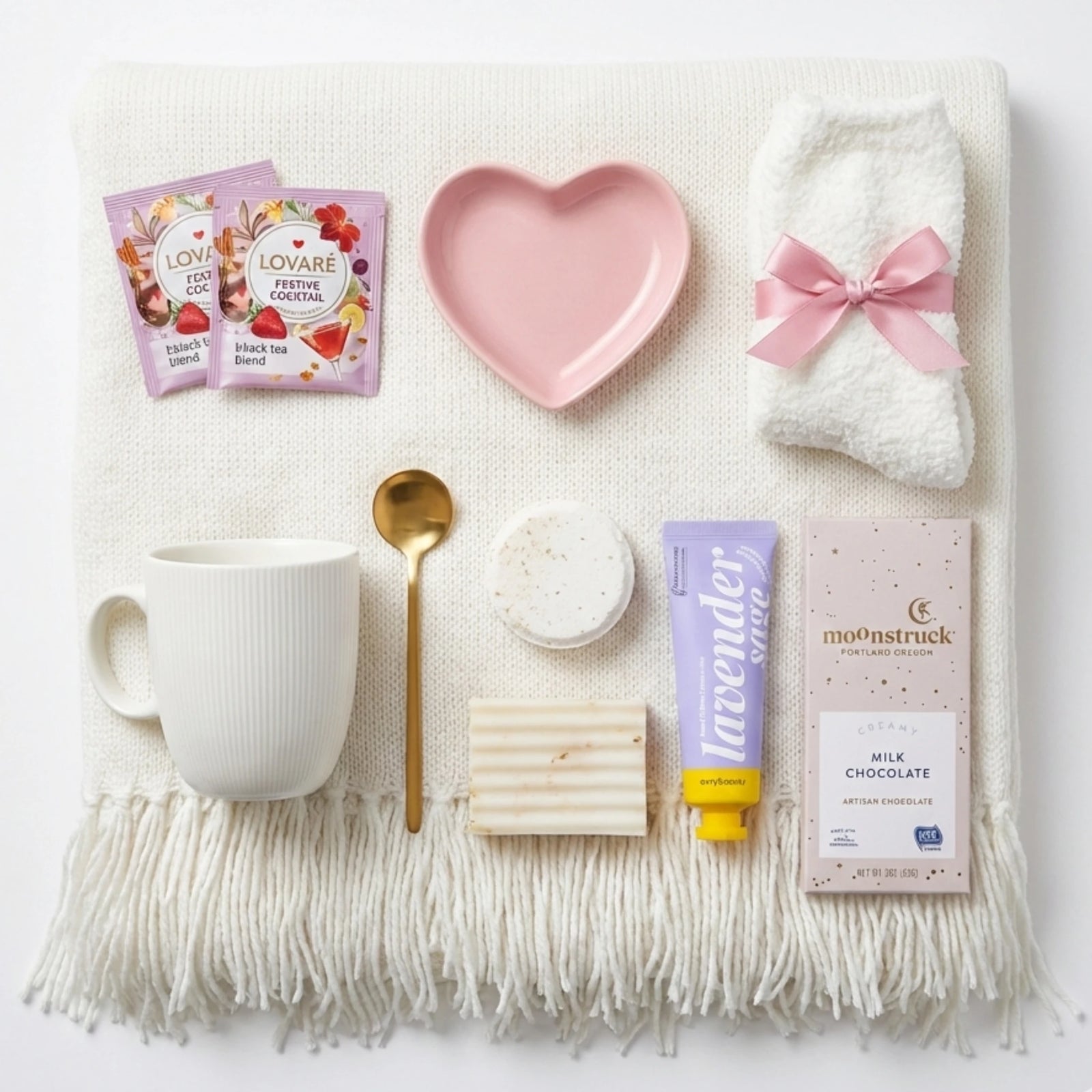 Blush Romance Hug gift box with knitted blanket, Moonstruck chocolate and heart dish by Arinna Gifts Dallas