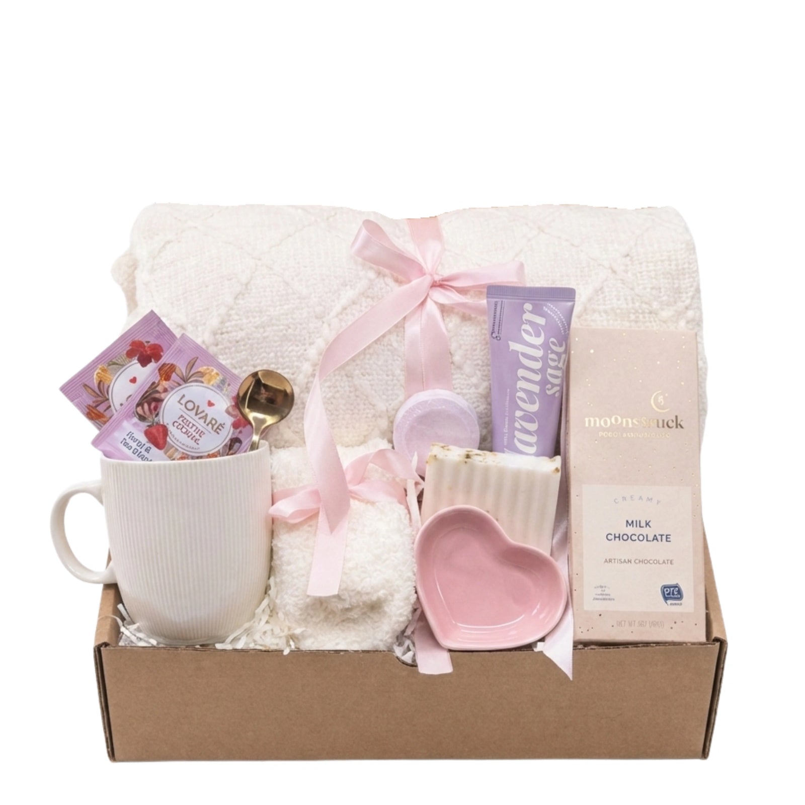 Blush Romance Hug gift box with knitted blanket, Moonstruck chocolate and heart dish by Arinna Gifts Dallas