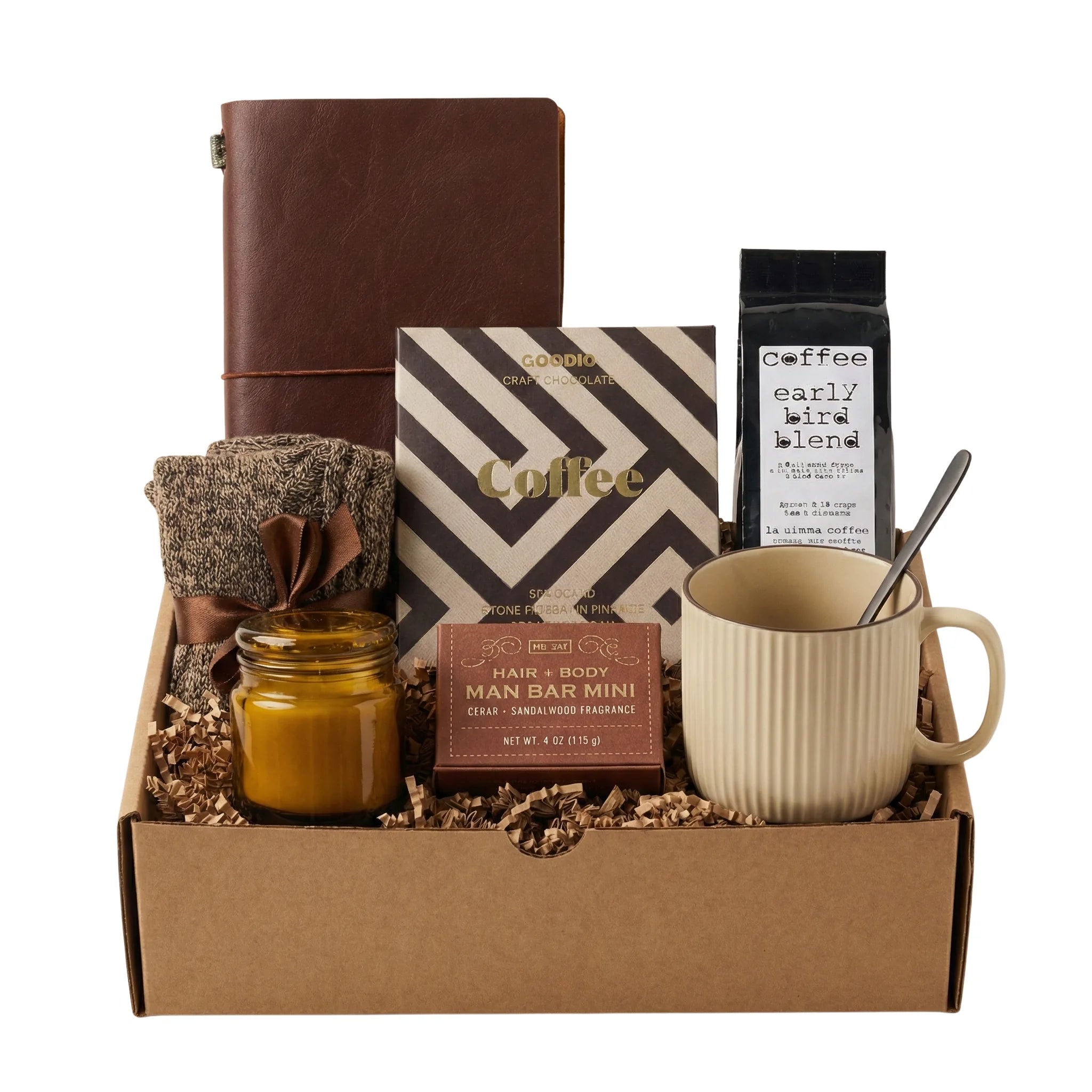 Brown Coffee Box Gift Box with eye level shot, including coffee mug, chocolate and journal 