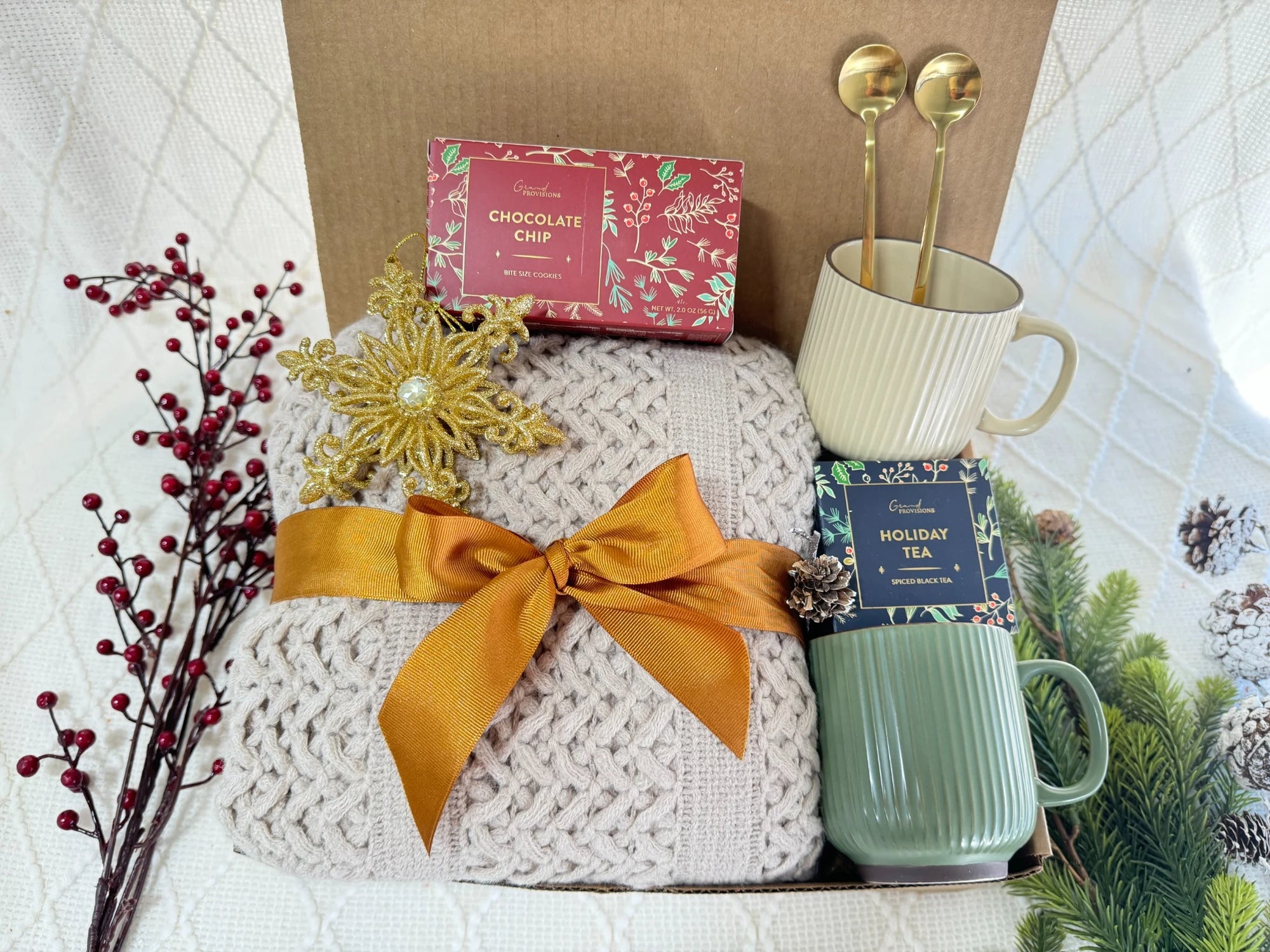 Home for Christmas Gift Box with cozy holiday items and gourmet treats