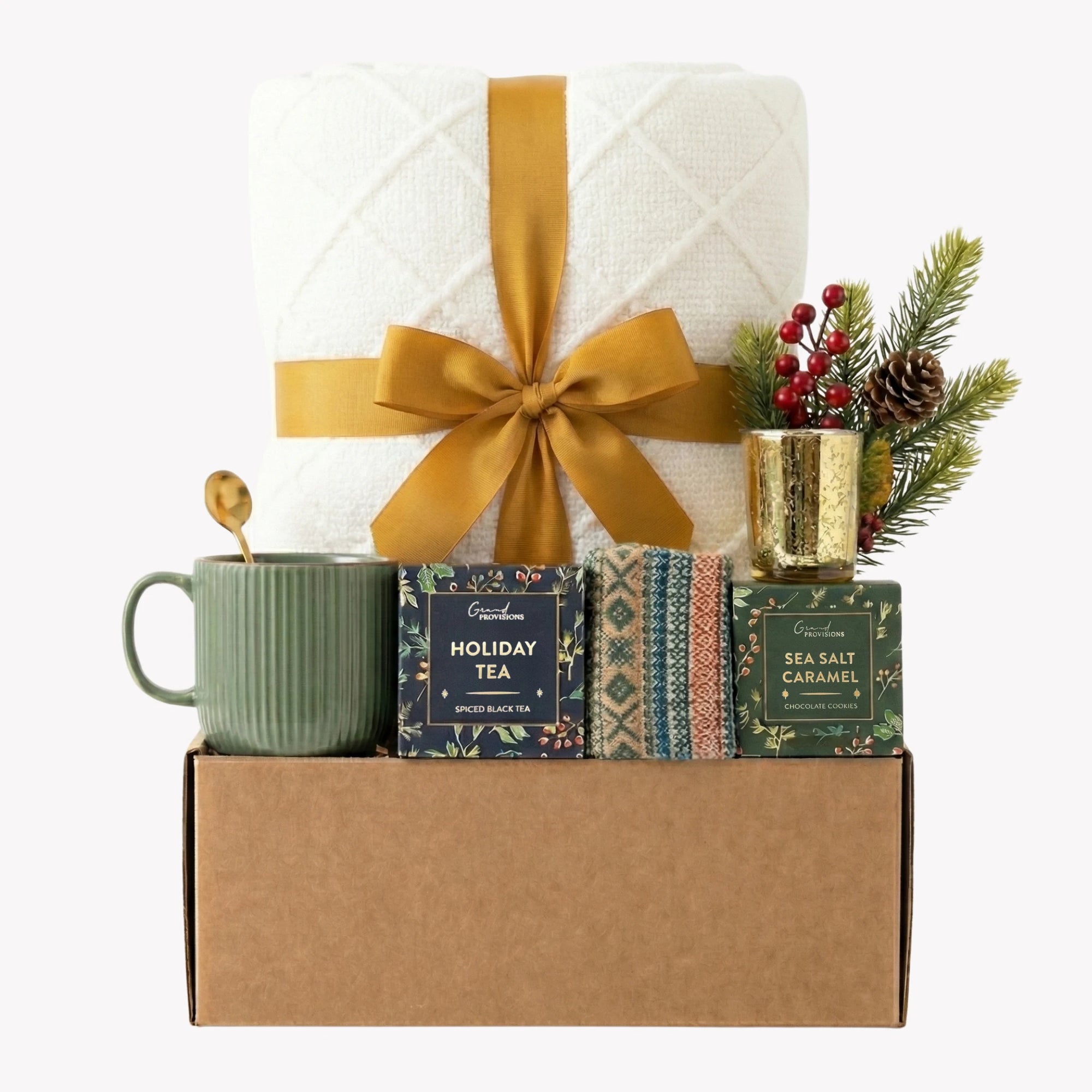 Christmas Treat gift basket with green mug, Nordic socks and gold candle by Arinna Gifts in Dallas