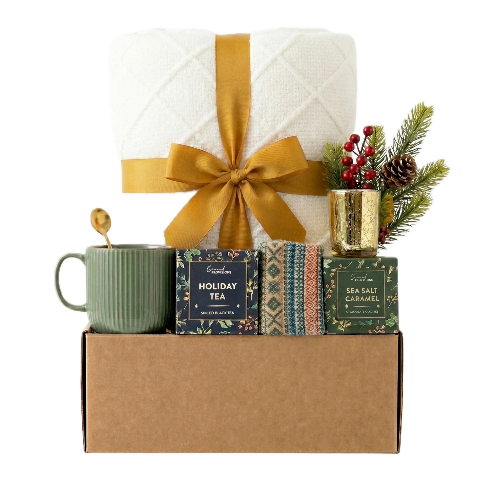 Christmas Treat gift basket with green mug, Nordic socks and gold candle by Arinna Gifts in Dallas