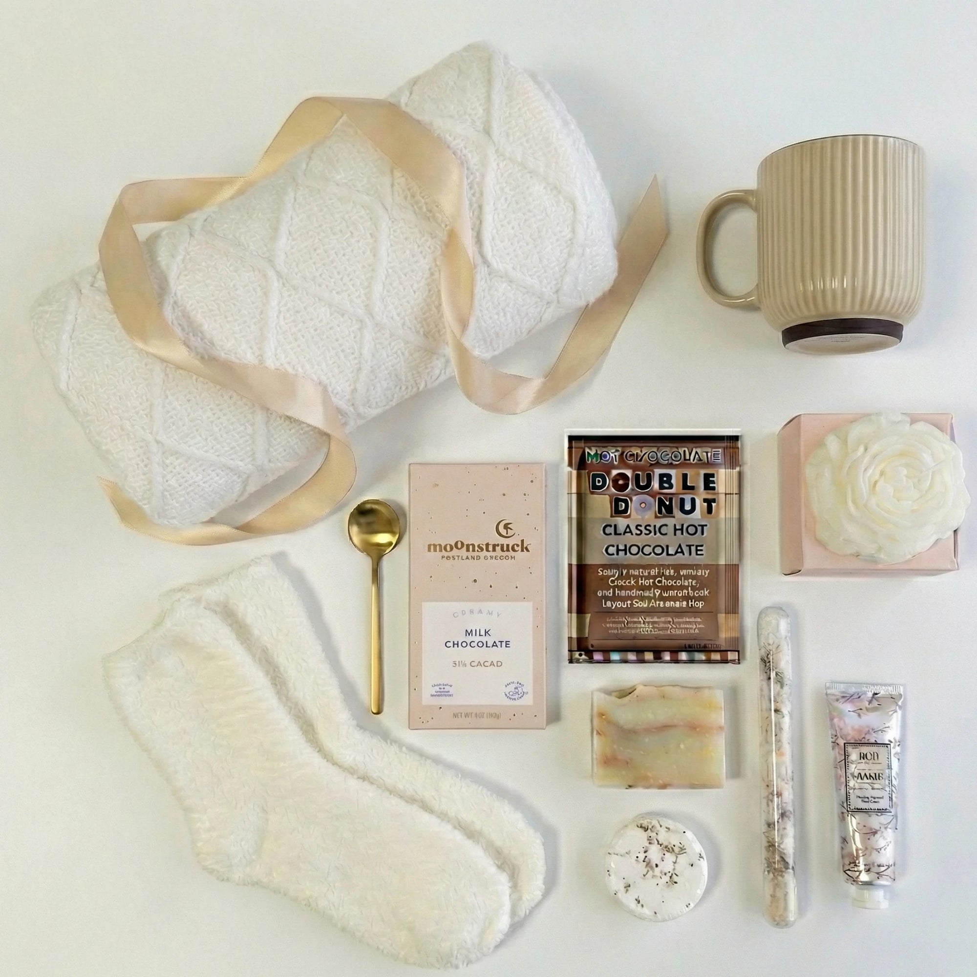Top down flat lay view of Contentment box items including rose candle, bath salt and fluffy socks