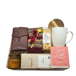 Reflection gift box with vintage leaf journal, Cup of Love tea and burgundy socks by Arinna Gifts Dallas