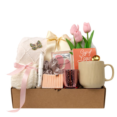 Cup of Love gift box with blanket, mug, tea, fluffy socks and spa self care items for women