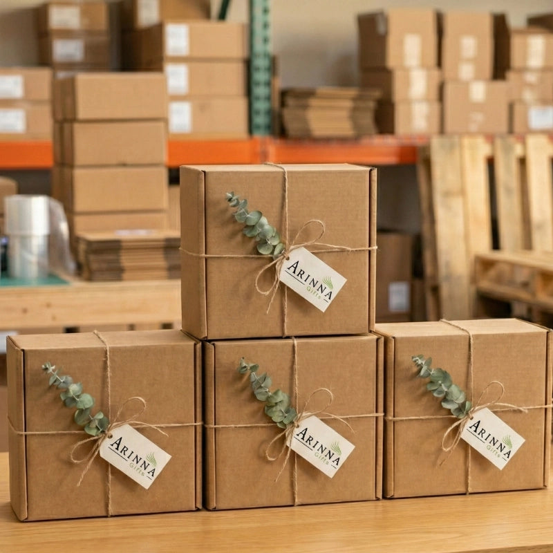 Stacked eco-friendly corporate gift boxes with Arinna Gifts branding and eucalyptus details, prepared for a bulk employee appreciation order.