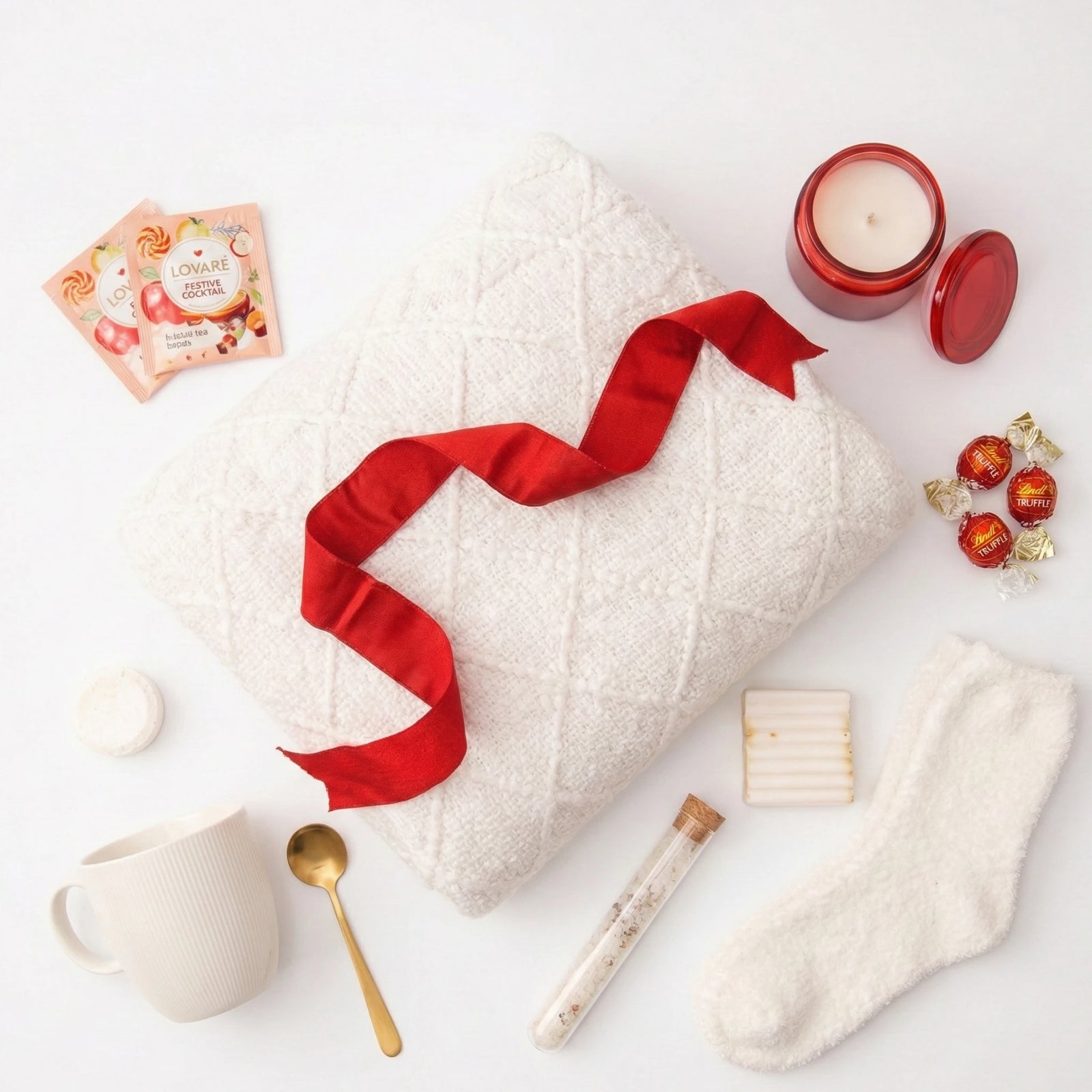 Love gift box with white fluted mug, red candle and bath salts by Arinna Gifts Dallas