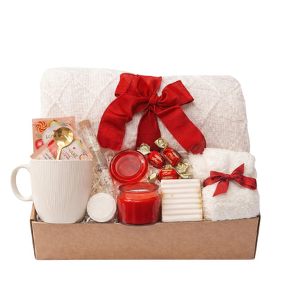 Love gift box with white fluted mug, red candle and bath salts by Arinna Gifts Dallas