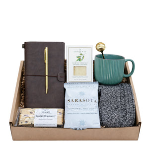 Gentleman's Coffee Break gift box with teal mug, leather journal and gourmet snacks by Arinna Gifts Dallas