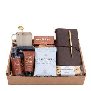 Gentlemans Gift Box featuring leather journal, caramel coffee and spiced tobacco grooming kit by Arinna Gifts Dallas
