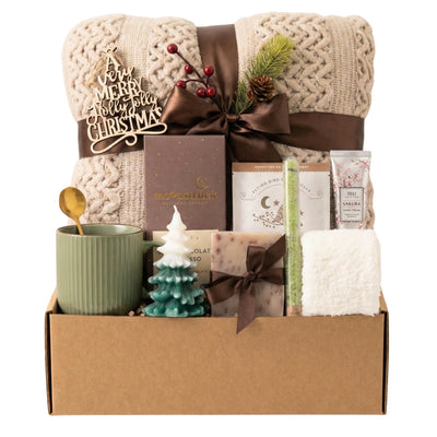 Hallelujah Christmas gift basket with tree candle, green mug and blanket by Arinna Gifts in Dallas