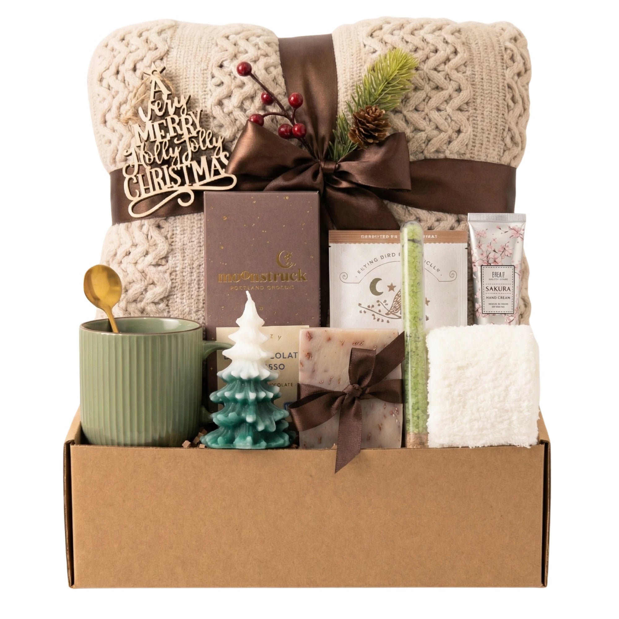 Hallelujah Christmas gift basket with tree candle, green mug and blanket by Arinna Gifts in Dallas