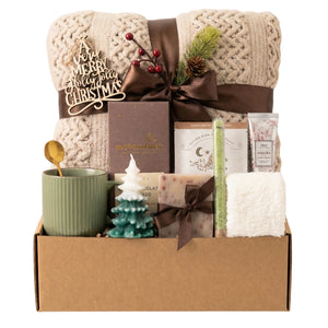 Hallelujah Christmas gift basket with tree candle, green mug and blanket by Arinna Gifts in Dallas