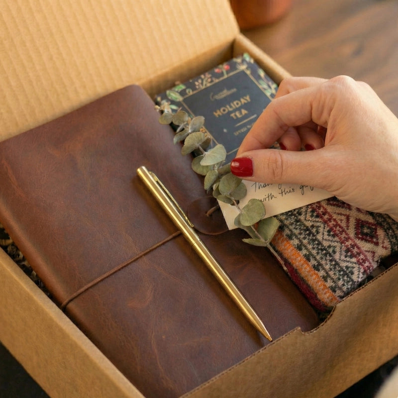 Close-up of hands carefully arranging a leather journal and holiday tea inside a curated gift box with a personal touch.