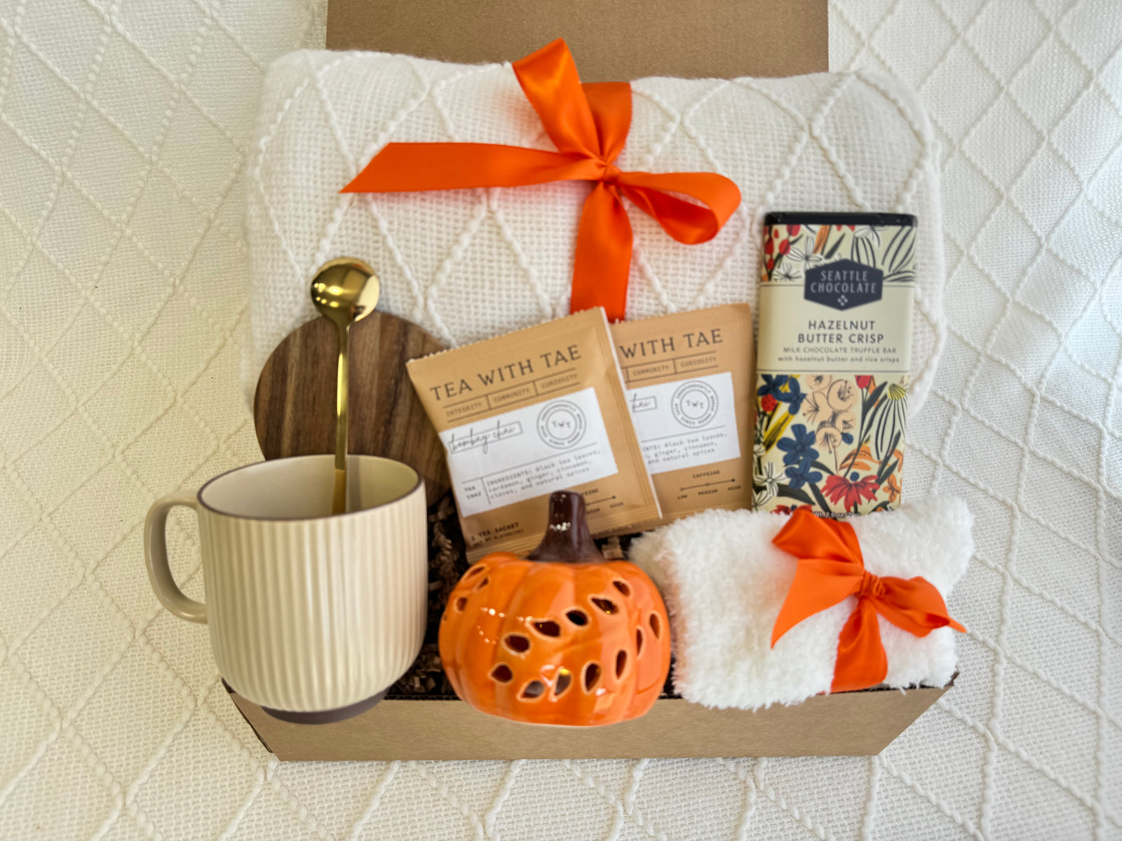 Happy Fall Gift Box with blanket, mug, chocolate, and festive décor
