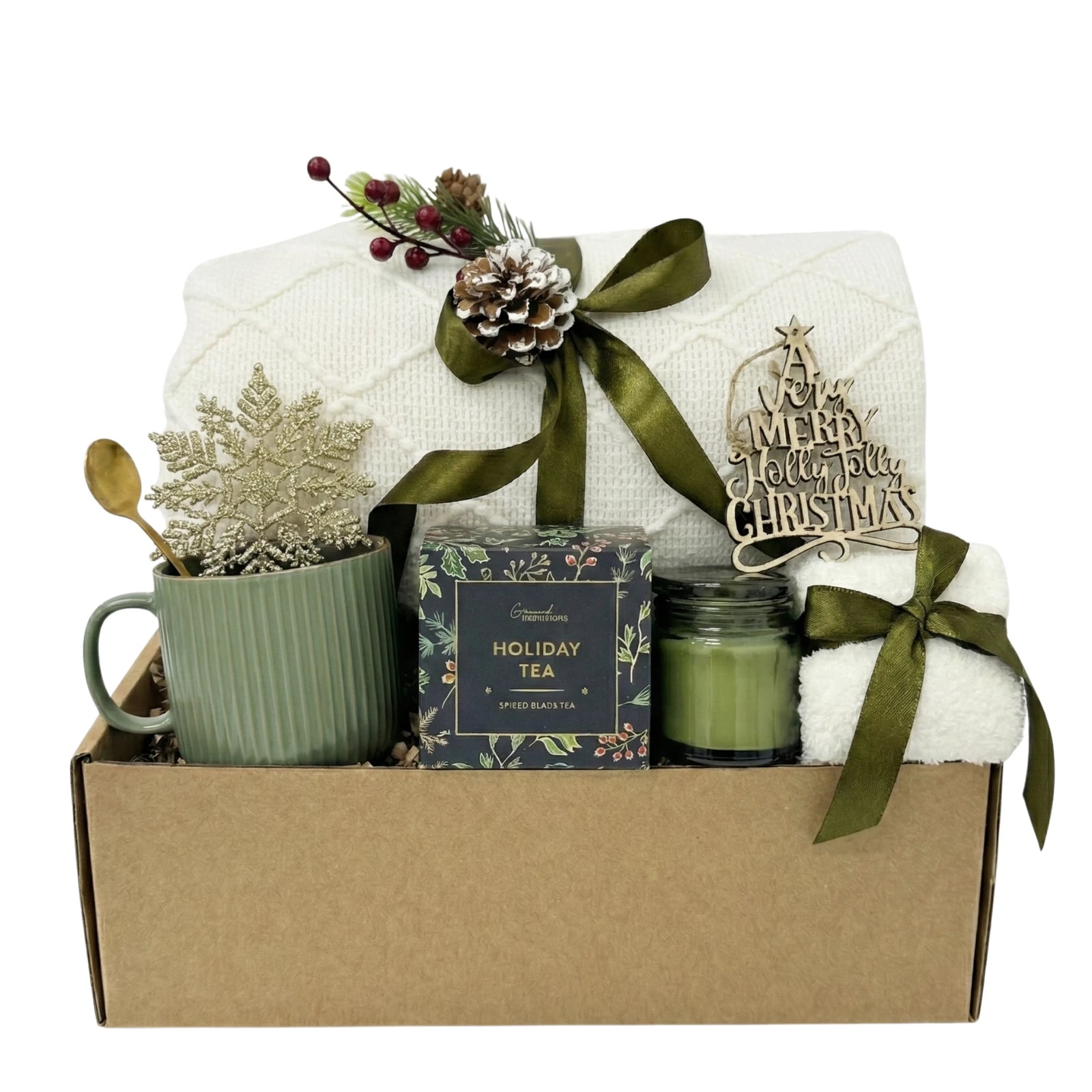 Holly Jolly Christmas gift basket with green mug, holiday tea and ornaments by Arinna Gifts in Dallas