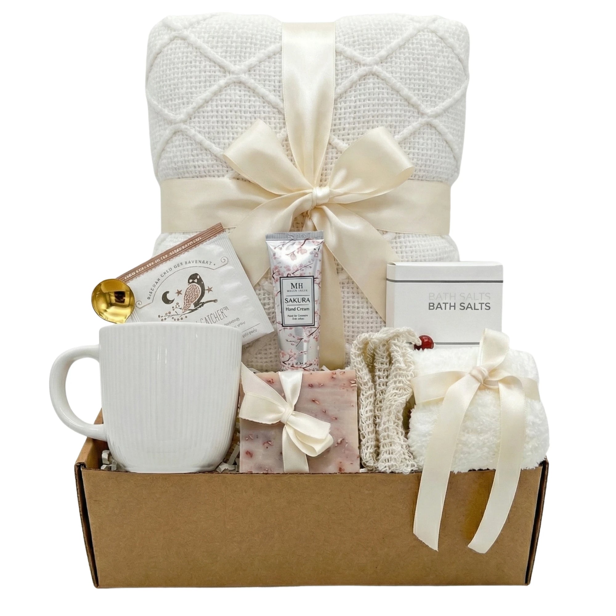 Keep Calm relaxation gift basket with white blanket, mug and spa items by Arinna Gifts in Dallas
