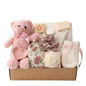 Pink Love You gift box with teddy bear, chocolate and rose candle by Arinna Gifts in Dallas
