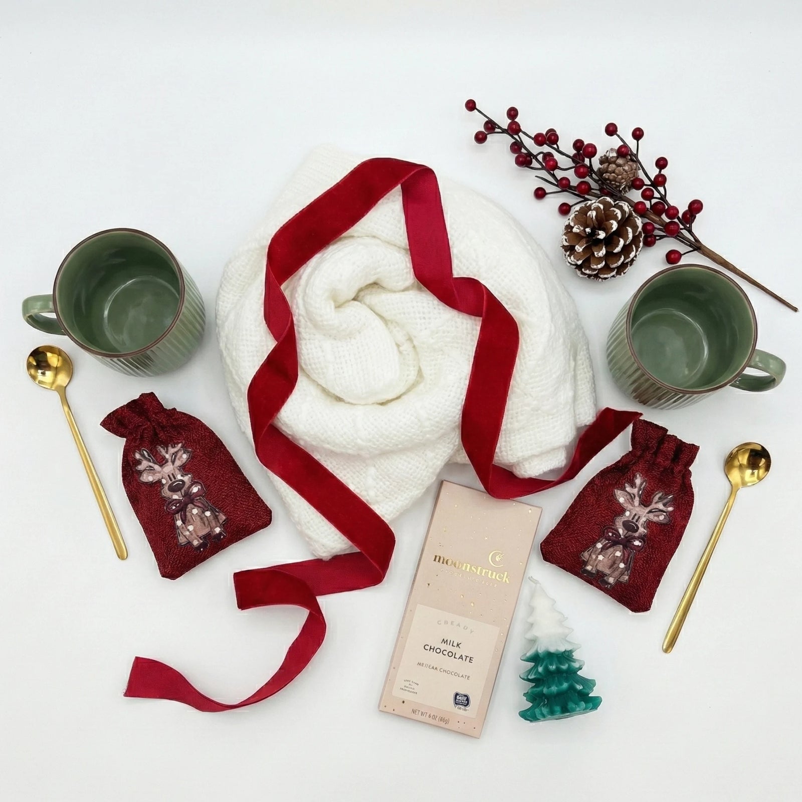 Merry Cozy Duo Christmas gift basket with two green mugs and blanket for couples by Arinna Gifts in Dallas