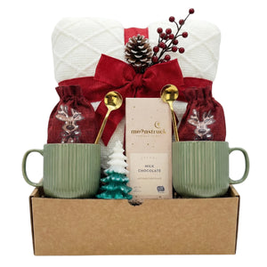 Merry Cozy Duo Christmas gift basket with two green mugs and blanket for couples by Arinna Gifts in Dallas