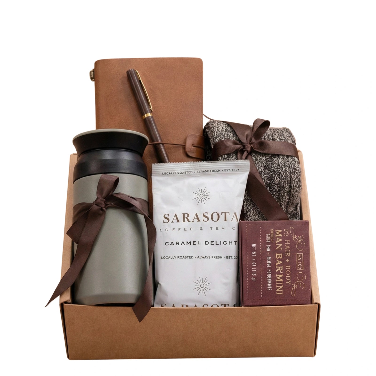Modern Voyager gift box featuring matte travel tumbler, leather journal and Sarasota coffee by Arinna Gifts Dallas