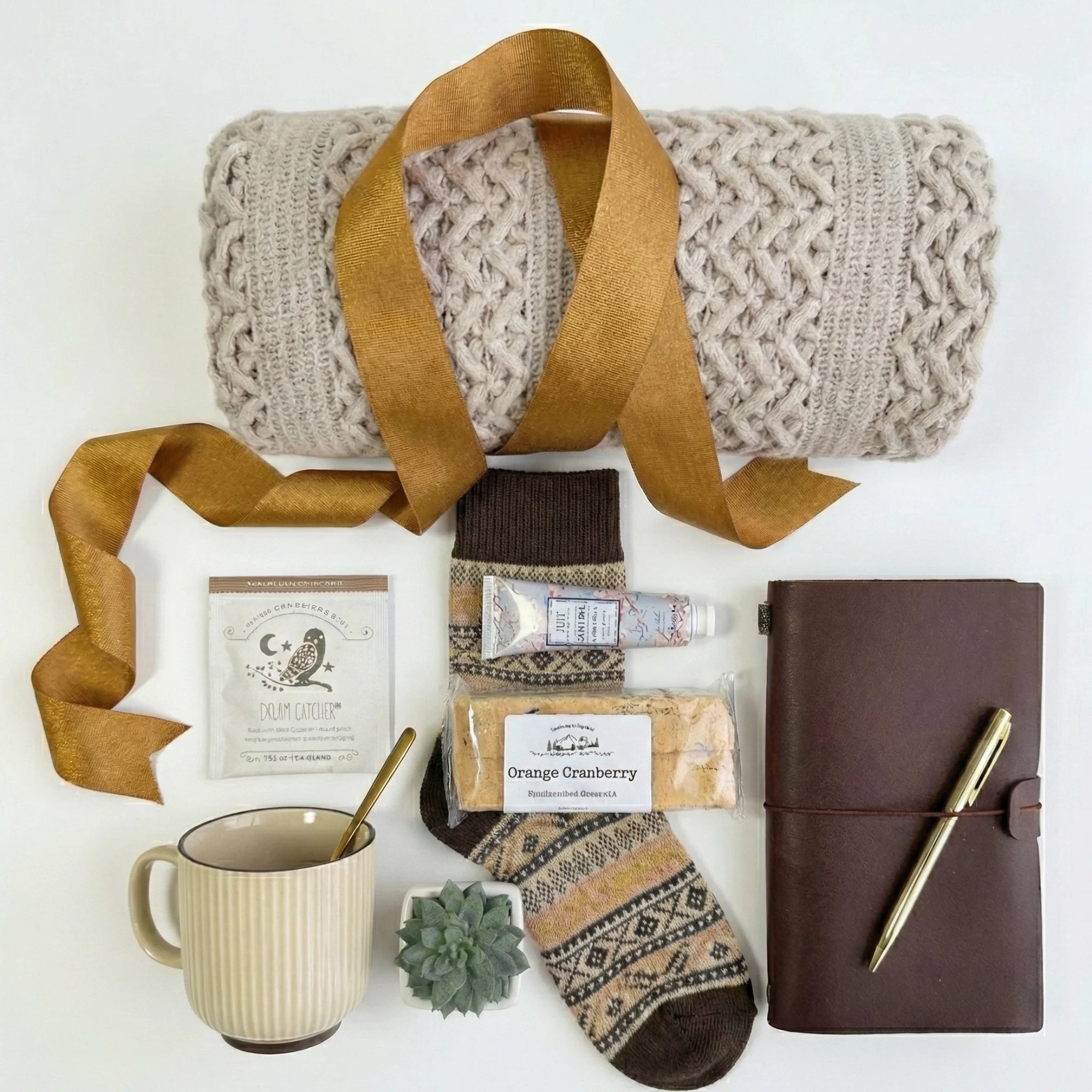 Top down flat lay view of New Adventures box items including vintage journal and biscotti