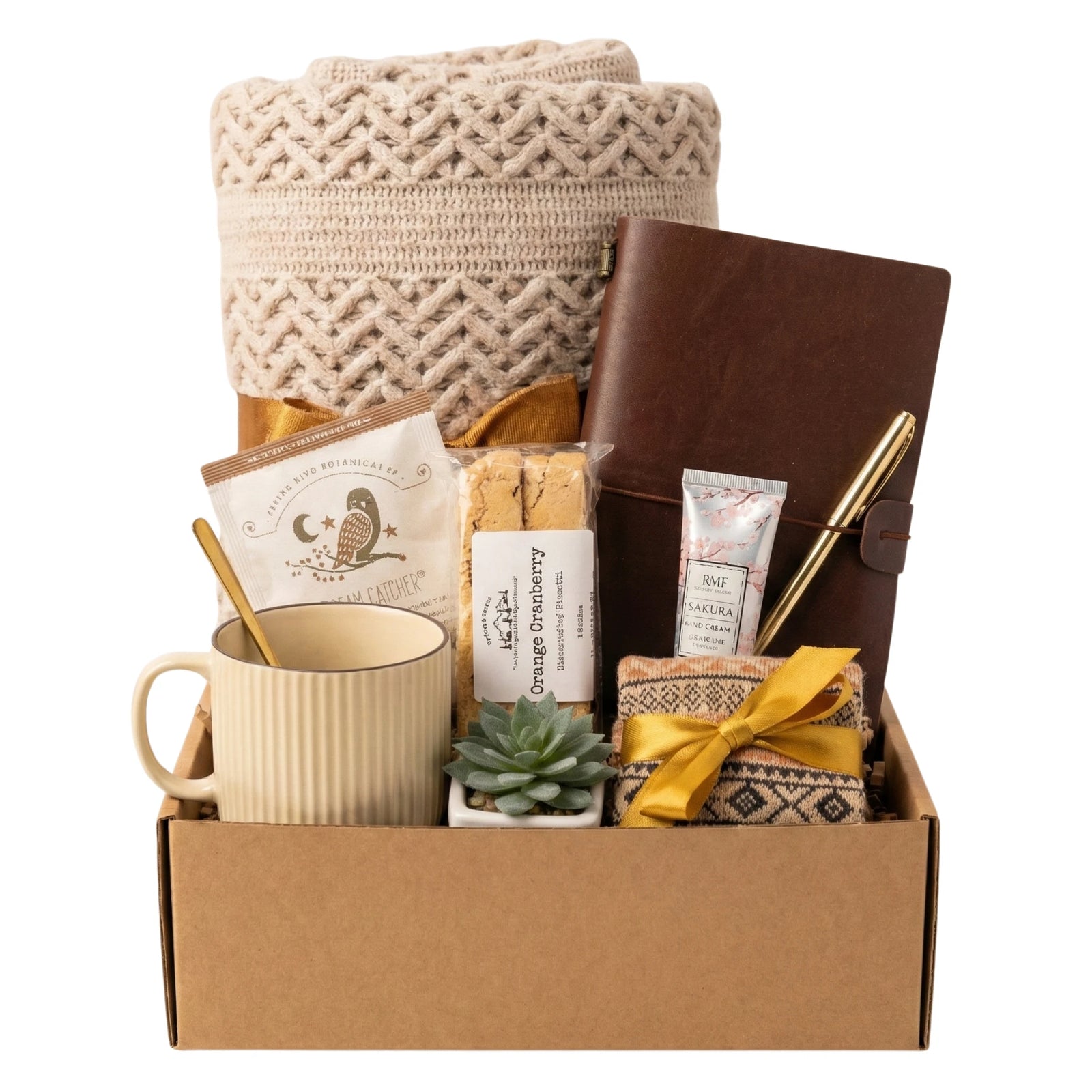 New Adventures gift basket with journal, blanket and coffee mug for new job gift by Arinna Gifts in Dallas