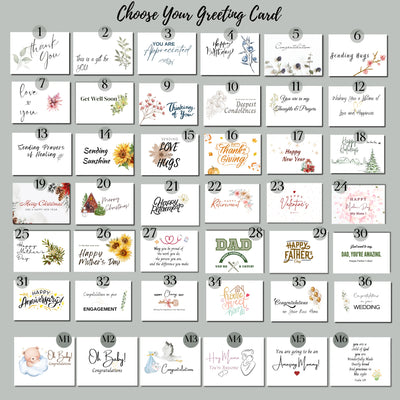 Custom greeting card selection options for New Adventures gift orders from Arinna Gifts Dallas