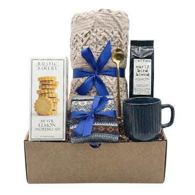 Coffee Comfort gift box with beige throw blanket, navy mug, and lemon shortbread, perfect for thank you and employee appreciations. 