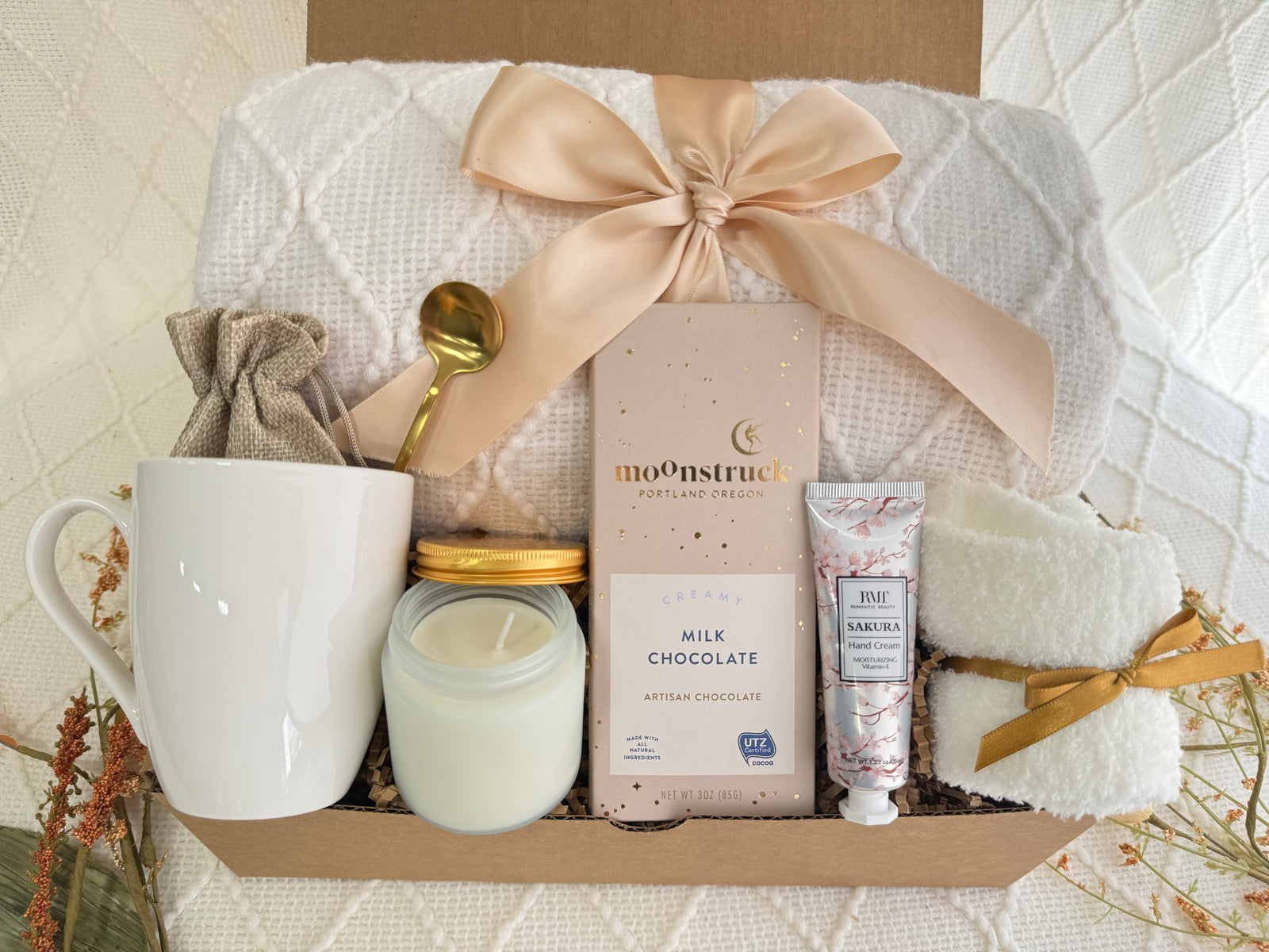Pure Serenity Gift Box with blanket, chocolate, candle, and cozy details
