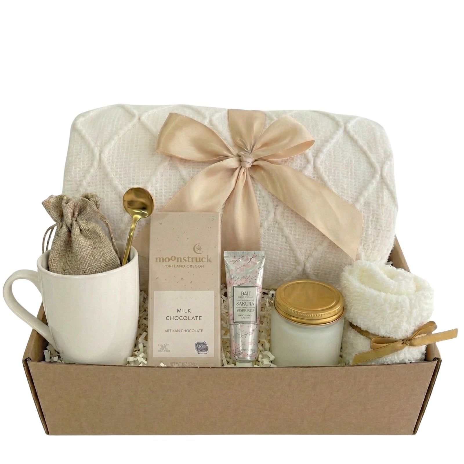 Pure Serenity relaxation gift basket with blanket and mug by Arinna Gifts in Dallas