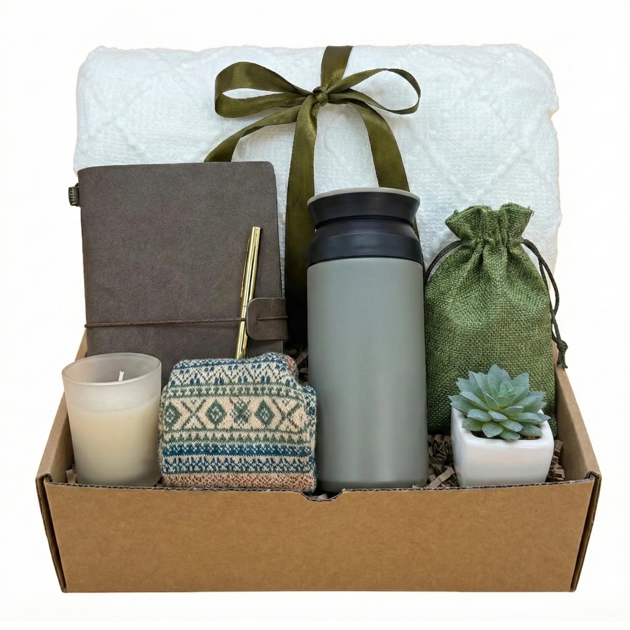 Quiet Strength gift box with travel tumbler, leather journal, succulent and blanket by Arinna Gifts