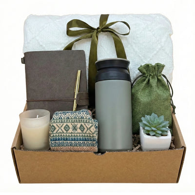 Quiet Strength gift box with travel tumbler, leather journal, succulent and blanket for sympathy or employee appreciations