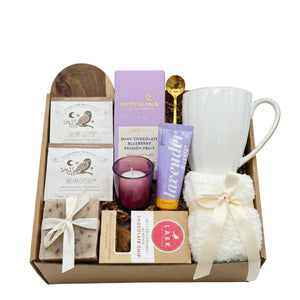 Respect Gift Box with lavender spa items, tea mug, and gourmet chocolate by Arinna Gifts Dallas
