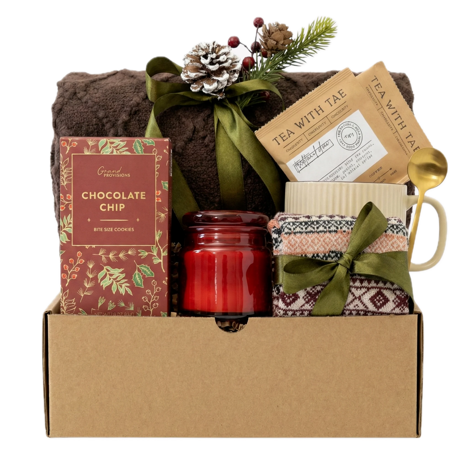 Santa Baby gift basket with brown blanket, chai tea and red candle by Arinna Gifts in Dallas