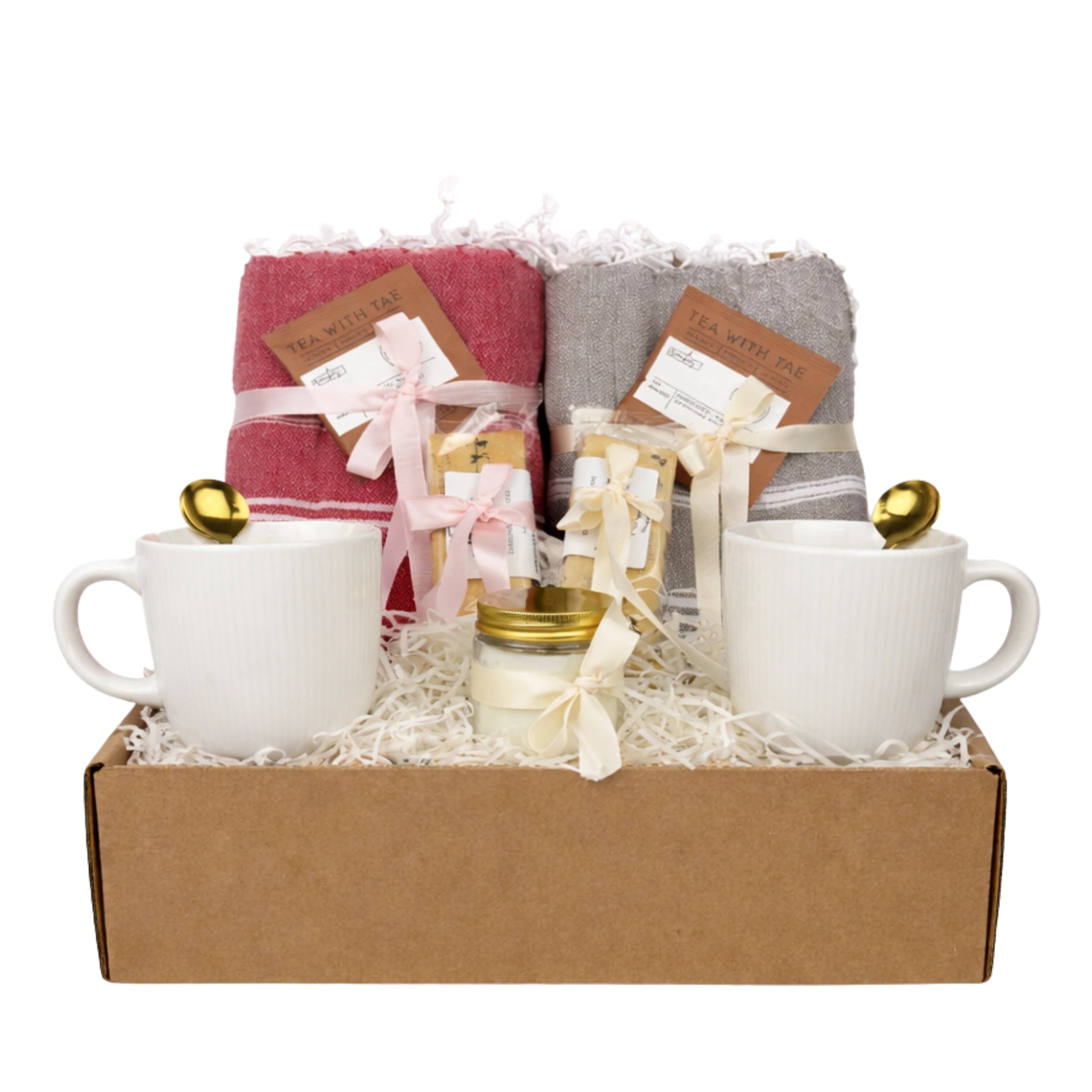 Seaside Comfort couple gift box with Turkish cotton towels, ceramic mugs with gold spoons, herbal tea, shortbread cookies and candle