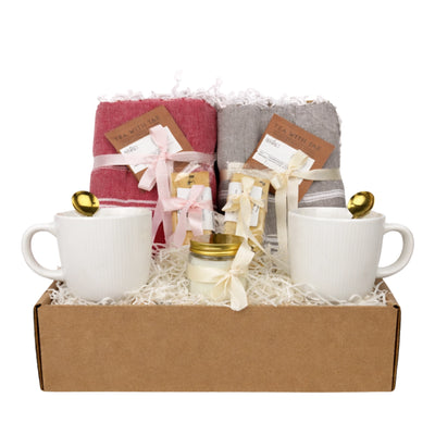 Seaside Comfort couple gift box with Turkish cotton towels, ceramic mugs with gold spoons, herbal tea, shortbread cookies and candle