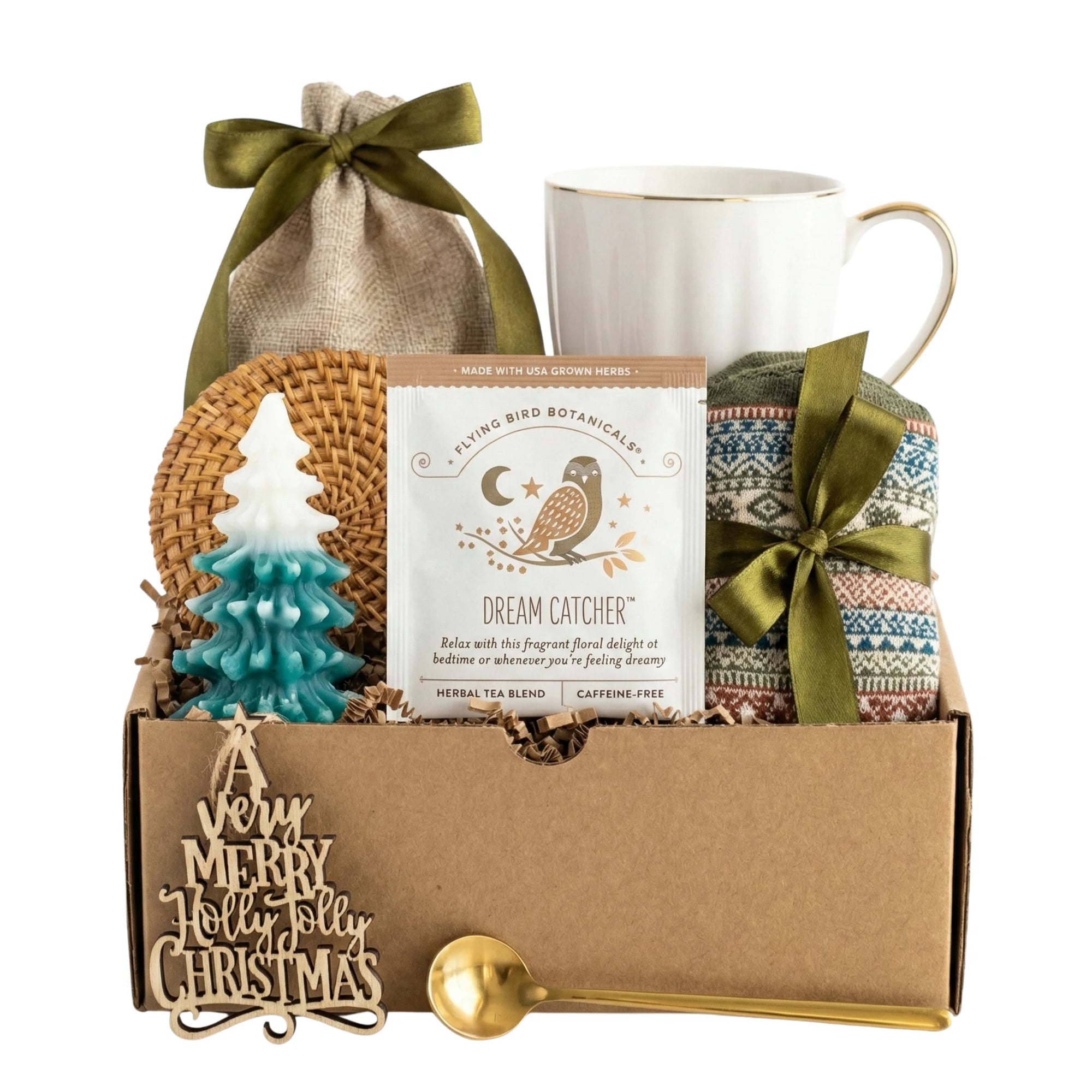 Silent Night gift basket with Nordic socks, herbal tea and gold rim mug by Arinna Gifts in Dallas