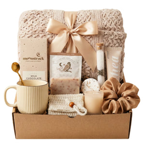 Some Quiet relaxation gift basket with blanket, mug and spa items by Arinna Gifts in Dallas