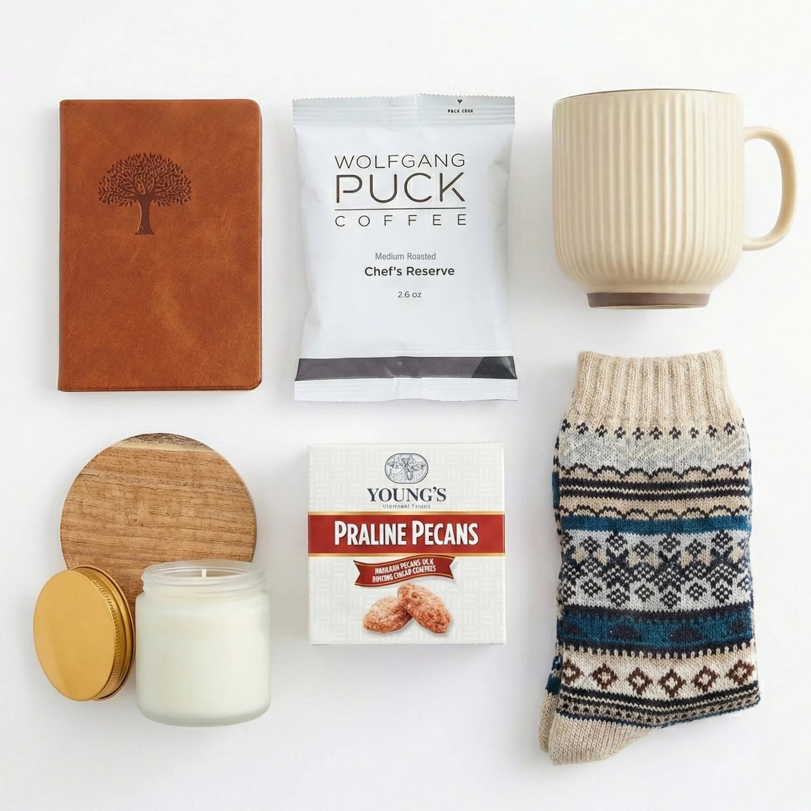 Take a Day Off gift box with Wolfgang Puck coffee, praline pecans, and tree of life journal by Arinna Gifts