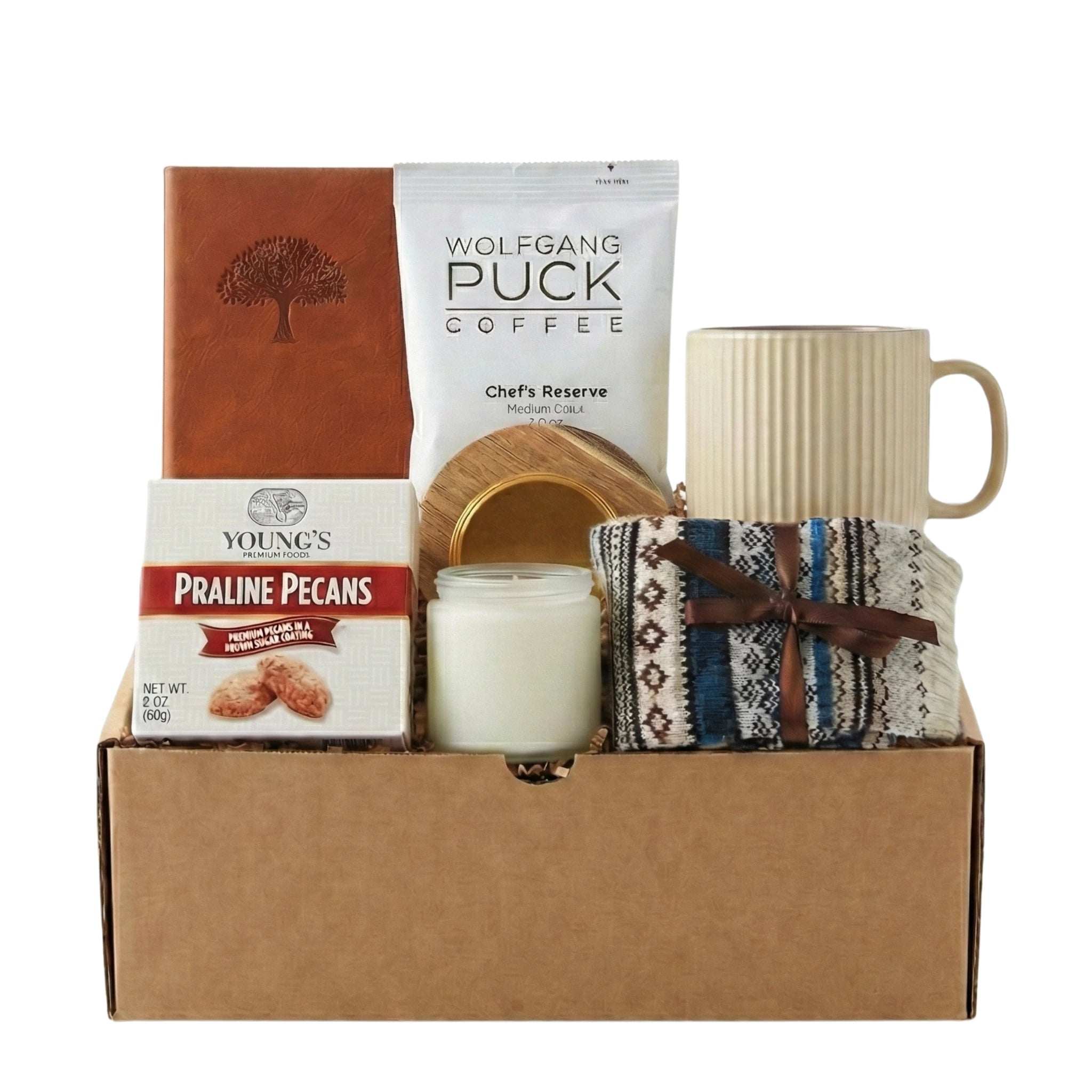 Take a Day Off gift box with Wolfgang Puck coffee, praline pecans, and tree of life journal by Arinna Gifts
