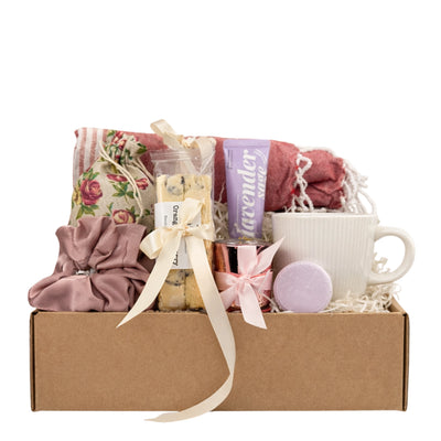 Take a Moment gift box for women with Turkish cotton towel, biscotti, mug, candle holder and spa self care items by Arinna Gifts
