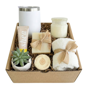 Take It Easy relaxation gift basket with wine tumbler and spa items by Arinna Gifts in Dallas