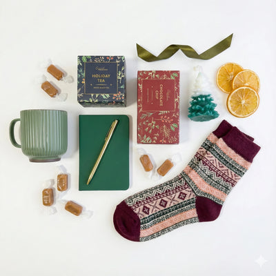 Top down flat lay view of The First Noel box items including chocolate chip cookies and Christmas tree candle